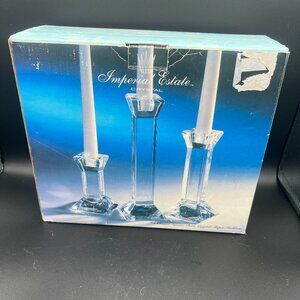Vintage 1990s NIB Imperial Estate Crystal Square Base Candle Holders - Set of 3